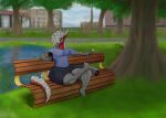  2022 anthro bench bent_leg biceps bottomwear building bulge claws clothed clothing colored dessert detailed_background digital_drawing_(artwork) digital_media_(artwork) dragon food fur grass grey_body grey_hair hair hi_res holding_object horizontal_pupils ice_cream leaf looking_at_object looking_away male mouth_closed muscular orange_sclera outside park path pecs phone plant pond portrait pupils reflection shaded shirt shorts sign sitting sitting_on_bench sky solo the_ember theember topwear tree wall_(structure) water widescreen 