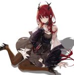  1girl absurdres arknights bangs bare_shoulders black_dress breasts buri_(retty9349) chest_strap collar demon_horns dress hair_between_eyes high_heels highres horns jacket large_breasts long_hair looking_at_viewer off_shoulder purple_eyes red_hair simple_background sitting solo surtr_(arknights) thighhighs very_long_hair white_background 