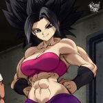  1girl 2022 abs artist_name biceps black_eyes black_hair bra breasts caulifla cleavage derivative_work dragon_ball dragon_ball_super highres medium_breasts muscular muscular_female redrawn saiyan screencap_redraw smile spiked_hair strapless strapless_bra the_golden_smurf underwear 