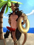  anthro balls beach canid canid_demon canine canis cursitus demon domestic_dog erection fangs floatie genitals german_shepherd green_eyes hellhound herding_dog hi_res horn knot male mammal navel nude palm_tree pastoral_dog penis plant roci74 seaside solo spikes tree vein veiny_penis 