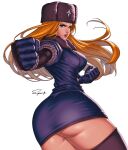  1girl artist_name ass blonde_hair blue_eyes breasts buttons clenched_hands closed_mouth commentary commission fur_hat fur_trim gloves hat highres kolin lips loincloth long_hair looking_at_viewer medium_breasts russian_clothes shiny shiny_skin signature simple_background skirt solo street_fighter street_fighter_v superbull164164 thighhighs thighs twisted_torso ushanka white_background 
