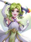  1girl :d armpits bare_shoulders circlet dress elbow_gloves fire_emblem fire_emblem:_the_sacred_stones fire_emblem_heroes gloves green_eyes green_hair holding holding_staff l&#039;arachel_(fire_emblem) looking_at_viewer official_alternate_costume open_mouth sleeveless sleeveless_dress smile solo staff ten_(tenchan_man) white_dress white_gloves younger 