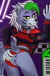  absurd_res anthro anus belt bodily_fluids bracelet butt canid canine canis clothing clothing_aside clothing_pull collar ear_piercing facial_markings female fingers five_nights_at_freddy&#039;s five_nights_at_freddy&#039;s:_security_breach genital_fluids genitals green_hair grey_body hair hand_on_butt hand_on_wall head_markings hi_res jewelry kazrune keyboard_instrument keytar leather leather_clothing lipstick looking_at_viewer looking_back makeup mammal markings musical_instrument piercing presenting presenting_anus presenting_hindquarters presenting_pussy purple_pussy pussy roxanne_wolf_(fnaf) scottgames smile solo spiked_belt spiked_bracelet spiked_collar spikes teeth video_games white_hair wolf yellow_eyes 