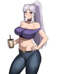  1girl belt breasts bubble_tea casual cleavage collarbone commission commissioner_upload contemporary denim donburi_(donburikazoku) earrings fire_emblem fire_emblem:_genealogy_of_the_holy_war fire_emblem_heroes groin hand_on_hip highres ishtar_(fire_emblem) jeans jewelry large_breasts nail_polish navel pants purple_eyes purple_hair purple_nails sleeveless smile solo 