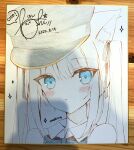  1girl :o animal_ear_fluff animal_ears bare_shoulders blue_bow blue_eyes blush bow cat_ears collared_shirt commentary_request copyright_request dated grey_headwear hat highres hoshi_(snacherubi) long_hair parted_lips peaked_cap photo_(medium) shirt signature sleeveless sleeveless_shirt solo traditional_media twintails white_hair white_shirt 