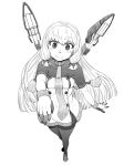  1girl blush floating floating_object greyscale hair_ribbon kantai_collection long_hair looking_at_viewer minazuki_tsuyuha monochrome murakumo_(kancolle) navel outstretched_hand pantyhose ribbon skirt smile solo thick_eyebrows thighband_pantyhose 