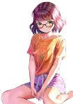  1girl absurdres bangs black-framed_eyewear blush brown_hair feet_out_of_frame frown glasses godzilla_(series) godzilla_singular_point highres kamino_mei_(singular_point) looking_at_viewer orodji_(shinorozi) pink_shorts shirt short_hair short_sleeves shorts simple_background sitting solo t-shirt white_background yellow_eyes 