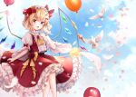  1girl :d balloon bangs bird bird_on_hand blonde_hair blue_sky bow center_frills cloud cloudy_sky commentary crystal dove feet_out_of_frame flandre_scarlet flower flying frilled_hairband frilled_skirt frills hair_bow hairband highres looking_at_viewer medium_hair mumu-crown no_headwear one_side_up open_mouth puffy_short_sleeves puffy_sleeves red_bow red_eyes red_flower red_rose red_skirt red_vest rose shirt shirt_bow short_sleeves skirt skirt_hold sky smile solo touhou vest white_shirt wide_sleeves wings yellow_bow yellow_flower yellow_rose 