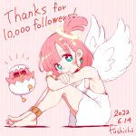  +_+ 1girl absurdres angel_wings anklet aqua_eyes artist_name bangs bird blunt_bangs blush_stickers bracelet breasts cleavage dated dress earrings eggshell eyes_visible_through_hair from_side full_body fushicho halo highres jewelry medium_breasts milestone_celebration one_side_up original pink_hair smile solo white_dress wings 