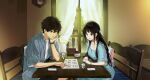  1boy 1girl black_hair blue_dress chitanda_eru couple dress glass green_eyes grey_shirt hetero highres hyouka indoors layered_shirt long_hair menu mery_(yangmalgage) oreki_houtarou purple_eyes shirt sitting table watch white_shirt window wristwatch 