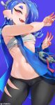  1girl ass_visible_through_thighs black_pants blue_background blue_hair breasts chest_sarashi cleavage clothing_cutout ear_piercing fangs hair_over_one_eye highres jtveemo navel open_mouth pants piercing pointy_ears red_eyes sarashi shiver_(splatoon) small_breasts smile solo splatoon_(series) splatoon_3 stomach tentacle_hair thigh_gap tight tight_pants 