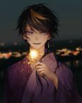  1boy absurdres alternate_costume bangs black_hair blonde_hair blurry blurry_background city_lights commentary earrings festival film_grain fireworks hand_up highres holding_fireworks japanese_clothes jewelry kimono looking_at_viewer male_focus multicolored_hair night nijisanji nijisanji_en open_mouth outdoors pink_hair purple_eyes purple_hair purple_kimono sheng-hanas short_hair_with_long_locks shu_yamino single_earring smile solo sparkler straight-on streaked_hair swept_bangs symbol-only_commentary tassel tassel_earrings upper_body virtual_youtuber wide_sleeves yukata 
