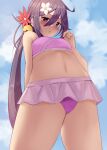  1girl absurdres akebono_(kancolle) bare_arms bare_legs bare_shoulders bell bikini blush cowboy_shot flower hair_bell hair_between_eyes hair_flower hair_ornament highres honmakaina_kudou jingle_bell kantai_collection long_hair navel parted_lips pink_flower purple_bikini purple_eyes purple_hair side_ponytail solo swimsuit white_flower 