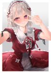  1girl absurdres bangs blush collar dress elf elu_(nijisanji) grey_hair hairband highres lolita_fashion lolita_hairband looking_at_viewer medium_hair nijisanji outstretched_arm pointy_ears puffy_short_sleeves puffy_sleeves reaching_out red_dress red_eyes selfie short_sleeves sitting solo taking_picture v v_over_eye virtual_youtuber white_collar yuukauta 