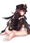  1girl arka91 ass barefoot blush bottomless brown_hair butt_crack genshin_impact hat highres hu_tao_(genshin_impact) long_sleeves looking_at_viewer seiza simple_background sitting smile soles solo toes top_hat white_background 