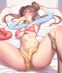  1girl absurdres arm_up armpits bed_sheet blush bra breasts cleavage closed_mouth clothes_lift double_bun groin hair_bun highres large_breasts looking_at_viewer lying matdoljangin navel pillow pink_bra pokemon pokemon_(game) pokemon_bw2 pov rosa_(pokemon) shirt_lift shorts spread_legs sweatdrop thigh_grab thighs underwear untied_bra yellow_shorts yes yes-no_pillow 