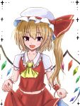  1girl ascot blonde_hair blush breasts collarbone collared_shirt cowboy_shot fang flandre_day flandre_scarlet frilled_shirt_collar frilled_sleeves frills hair_between_eyes hat hat_ribbon higurashi7956 long_hair mob_cap multicolored_wings pointy_ears red_eyes red_ribbon red_skirt red_vest ribbon shirt short_sleeves side_ponytail simple_background skirt skirt_hold small_breasts solo touhou vest white_background white_headwear white_shirt wings wrist_cuffs yellow_ascot 