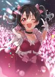  1girl absurdres black_hair bow butterfly_ornament costume crowd dress earrings frilled_dress frills gloves glowstick hair_bow highres jewelry looking_at_viewer love_live! nyako_(utaneko31) one_eye_closed open_mouth red_eyes smile solo twintails white_gloves yazawa_nico 