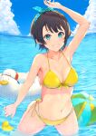  1girl :d arm_up armpits ball bangs beach beachball bikini blue_eyes blue_sky breasts brown_hair cleavage cloud cloudy_sky grin headband highres hololive innertube looking_at_viewer navel oozora_subaru outdoors piisu rubber_duck short_hair sky smile solo swimsuit teeth virtual_youtuber water yellow_bikini 