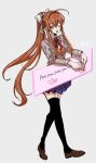  1girl ;d absurdres ahoge bangs black_thighhighs blue_skirt breasts brown_footwear brown_hair cardigan collared_shirt dialogue_box doki_doki_literature_club full_body green_eyes grey_background grey_jacket hair_between_eyes hair_ribbon highres jacket loafers long_hair long_sleeves looking_at_viewer ma2_ereki medium_breasts monika_(doki_doki_literature_club) neck_ribbon no one_eye_closed open_mouth orange_cardigan pleated_skirt pointing red_ribbon ribbon school_uniform shirt shoes sidelocks skirt smile solo thighhighs white_ribbon white_shirt yes 