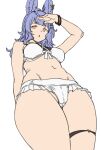  1girl :o animal_ears bangs bikini blue_hair blunt_bangs bracelet breasts character_request check_copyright copyright_request from_below granblue_fantasy houtengeki jewelry large_breasts medium_hair navel open_mouth simple_background swimsuit thigh_strap thighs white_background white_bikini yellow_eyes 