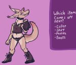  2d_animation animated anthro ariel_(dragon_dares) blush boots bottomwear clothed clothing collar digital_media_(artwork) draconicmentalist dragon_dares eyeshadow female footwear fur furred_kobold kobold makeup punk skirt smug solo strip_game tail_motion tail_sway tailwag text 