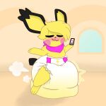  anthro blush bodily_fluids diaper embarrassed fan_character female feral genital_fluids hi_res infantilism nintendo paris_pichu phone pichu pok&eacute;mon pok&eacute;mon_(species) powder quil~ solo urine video_games watersports wet_diaper wetting 