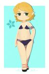 1girl adapted_costume bangs bikini black_bikini blonde_hair blue_background blush chibeany closed_mouth commentary_request expressionless flat_chest full_body green_eyes hand_on_hip highres looking_at_viewer mizuhashi_parsee navel pointy_ears short_hair solo swimsuit touhou white_background 