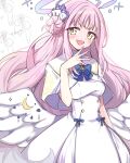 1girl :d angel_wings blue_archive blue_bow bow capelet commentary_request dress flower hair_bun hair_flower hair_ornament halo hand_on_own_chin long_hair looking_at_viewer low_wings mika_(blue_archive) pink_hair single_hair_bun smile solo_focus tiranaihana white_capelet white_dress white_wings wings yellow_eyes 