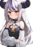  1girl absurdres ascot bare_shoulders black_horns braid closed_mouth detached_sleeves highres hololive horns la+_darknesss multicolored_hair nikahoshikuzu pointy_ears purple_hair simple_background solo streaked_hair striped_horns virtual_youtuber white_background white_sleeves yellow_ascot yellow_eyes 