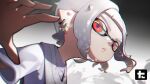  1girl ayakii earrings glasses highres inkling inkling_girl jewelry looking_at_viewer multiple_earrings necklace open_mouth pointy_ears red_eyes shirt splatoon_(series) splatoon_2 splatoon_3 squid toni_kensa_(splatoon) white_hair white_shirt 