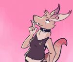  2d_animation animated anthro ariel_(dragon_dares) blush bra clothing collar draconicmentalist eyeshadow fangs female fur furred_kobold kobold makeup panties solo strip_game tail_motion tailwag underwear undressing 