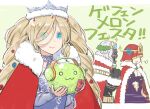  1boy 2girls :3 :t bangs blonde_hair blue_dress blue_eyes breasts cape cleavage closed_mouth commentary_request crown dalcom_(ragnarok_online) dress drill_hair eyes_visible_through_hair food fruit fur_cape hair_between_eyes head_wreath headphones large_breasts long_hair looking_at_viewer melon multiple_girls natsuya_(kuttuki) navel old_king_groza open_mouth plunging_neckline princess_meer purple_dress ragnarok_online red_cape short_hair slime_(creature) small_breasts smile translation_request undead upper_body veil_over_eyes very_long_hair white_hair witch_zilant 