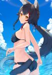  1girl :3 absurdres animal_ear_fluff animal_ears ass bangs beach bikini black_bikini black_hair blue_sky breasts closed_mouth cloud cloudy_sky highres hololive long_hair looking_at_viewer looking_back multicolored_hair ookami_mio orange_eyes piisu ponytail sideboob sky smile solo streaked_hair swimsuit tail virtual_youtuber water wet wolf_ears wolf_girl wolf_tail 