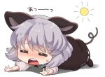  1girl animal_ears bangs blue_capelet blush capelet chibi closed_eyes commentary curled_tail full_body grey_hair grey_skirt hot iris_anemone mouse_ears mouse_girl mouse_tail nazrin nose_blush open_mouth shirt short_hair skirt solo sun symbol-only_commentary tail touhou white_background white_shirt 