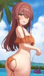  1girl absurdres ass bangs bikini blue_sky blurry blurry_background blush breasts cloud cloudy_sky cowboy_shot day debi_tarou dot_nose from_side hair_between_eyes hairband highres idolmaster idolmaster_shiny_colors long_hair looking_at_viewer looking_back mountainous_horizon open_mouth osaki_tenka outdoors palm_tree raised_eyebrows shiny shiny_hair sky strap_gap string_bikini swimsuit tearing_up tree twisted_torso underboob untied untied_bikini wanimaru wardrobe_malfunction water wet 