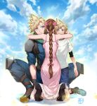  1girl 2boys aerith_gainsborough arm_around_waist armor bare_arms belt black_shirt blonde_hair blue_eyes blue_pants blue_shirt blue_shorts blush boots braid braided_ponytail breasts brown_hair choker cloud cloud_strife cloudy_sky crisis_core_final_fantasy_vii dress dual_persona final_fantasy final_fantasy_vii final_fantasy_vii_remake from_behind full_body green_scarf hair_between_eyes hair_ribbon halu-ca highres hug knee_pads kneeling layered_shirt long_dress long_hair looking_at_another male_child medium_breasts multiple_boys pants pink_dress pink_ribbon ribbon scarf shirt short_hair shorts shoulder_armor sidelocks sky sleeves_rolled_up spaghetti_strap spiked_hair squatting t-shirt time_paradox white_shirt younger 
