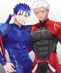  2boys abs archer_(fate) archernuna armor bara blue_hair blush bodysuit chest_armor coat collared_coat cu_chulainn_(fate) cu_chulainn_(fate/stay_night) dark-skinned_male dark_skin ear_piercing earrings fate/stay_night fate_(series) feet_out_of_frame grey_eyes highres hug jewelry lance long_hair looking_at_viewer male_focus manly mature_male multiple_boys muscular muscular_male nipples one_eye_closed pectorals piercing polearm ponytail red_eyes short_hair shoulder_pads simple_background smile smirk spiked_hair stud_earrings teeth tight upper_body weapon white_background white_hair 