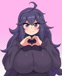  1girl @_@ absurdres ahoge alternate_breast_size breasts dress english_commentary frills hairband heart heart_hands hex_maniac hex_maniac_(pokemon) highres huge_breasts large_breasts long_hair looking_at_viewer messy_hair pink_background pokemon pokemon_(game) pokemon_xy polka_dot polka_dot_background purple_dress purple_eyes purple_hair purple_hairband ribbed_dress ribbed_sweater smile solo sweater the_only_shoe two-tone_background very_long_hair wavy_mouth 