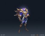  1boy alternate_costume armor armored_boots artist_name black_background blue_skin boots breastplate clenched_hand closed_mouth colored_skin full_body gauntlets gradient gradient_background grey_background grey_thighhighs hand_on_hip horns knee_boots league_of_legends leo male_focus purple_hair see_you sett_(league_of_legends) short_hair shoulder_armor solo space_print standing starry_sky_print thighhighs white_hair 