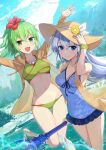  2girls :d arms_up bangs bare_legs barefoot bead_necklace beads bikini blue_hair blue_swimsuit brown_jacket character_request copyright_request covered_navel flower green_bikini green_eyes green_hair groin hair_flower hair_ornament hat hat_ribbon highres holding holding_staff hsin jacket jewelry long_hair looking_at_viewer multiple_girls navel necklace one-piece_swimsuit open_clothes open_jacket open_mouth outdoors ponytail red_flower ribbon short_hair smile staff stomach sun_hat swimsuit thighs wading water white_ribbon 