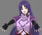  1girl :d bangs breasts desspie fate/grand_order fate_(series) fingerless_gloves floral_print gloves grey_background heart japanese_clothes large_breasts long_hair mature_female minamoto_no_raikou_(fate) open_arms parted_bangs purple_hair ribbed_sleeves smile thick_eyebrows 