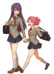  2girls bag bangs blue_sky breasts brown_footwear calf_socks cardigan collared_shirt doki_doki_literature_club full_body grey_jacket hair_between_eyes hair_ornament hair_ribbon hairclip height_difference highres holding_hands jacket loafers long_hair ma2_ereki medium_breasts multiple_girls natsuki_(doki_doki_literature_club) neck_ribbon open_mouth orange_cardigan pink_eyes pink_hair pleated_skirt purple_eyes purple_hair red_ribbon ribbon school_uniform shirt shoes short_hair short_twintails shoulder_bag skirt sky small_breasts smile socks swept_bangs teeth twintails upper_teeth walking white_background white_shirt white_socks yuri_(doki_doki_literature_club) 