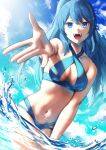  1girl :d bangs bikini blue_bikini blue_eyes breasts character_request cleavage collarbone criss-cross_halter day hair_between_eyes halterneck highres kitasaya_ai long_hair looking_at_viewer medium_breasts multi-strapped_bikini open_mouth outdoors outstretched_arm ponytail reaching_out shiny shiny_hair smile solo swimsuit very_long_hair virtual_youtuber wading water 