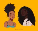  2girls afro artist_name black_eyes blue_camisole brown_eyes camisole curly_hair dark-skinned_female dark_skin ghadaaax hair_bun hair_egdes long_hair looking_back multiple_girls original shiny_lips single_hair_bun sweater thick_lips twitter_username very_dark_skin white_sweater yellow_background 