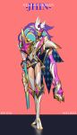  1boy 2022 armor artist_name black_background blue_cape boots cape character_name clothing_request dated dual_wielding facing_viewer full_body gun high_heels highres holding holding_gun holding_weapon jhin knee_boots league_of_legends male_focus mask pink_background see_you shoulder_armor solo sparkle_print standing star_(symbol) weapon white_footwear 