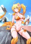  1girl ? antenna_hair arm_support bangs bare_shoulders bead_bracelet beads bikini blonde_hair bracelet breasts commentary_request cup drinking_straw feet_out_of_frame g_(genesis1556) hair_between_eyes hair_ornament highres holding holding_cup jewelry large_breasts long_hair multi-strapped_bikini navel orange_bikini original ponytail rock sitting solo spoken_question_mark stomach swimsuit tail thigh_strap thighs whale yellow_eyes 