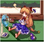  1girl bangs barefoot bow bowtie brown_horns commentary_request electric_fan flat_chest full_body gourd hair_bow horn_bow horn_ornament horns hot ibuki_suika indoors long_hair low-tied_long_hair lowres navel open_mouth orange_eyes orange_hair pixel_art purple_bow purple_skirt red_bow red_bowtie shirt sidelocks skirt sleeveless sleeveless_shirt solo tatami touhou unk_kyouso very_long_hair white_shirt 