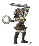  armor black_hair boots bracers breasts chakram clothed clothing crossover digital_media_(artwork) ear_piercing female footwear gobbo_(kooni) goblin green_body green_skin hair hi_res holding_object holding_weapon humanoid humanoid_pointy_ears leather leather_armor legwear mammal melee_weapon not_furry open_mouth piercing pupils ranged_weapon sharp_teeth simple_background slit_pupils solo standing sword teeth thigh_boots thigh_highs valegor weapon xena xena_warrior_princess 
