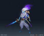  1boy alternate_costume artist_name barefoot blue_skin claws clothing_request collarbone colored_skin floating floating_object gradient_hair grey_pants hair_over_one_eye holding holding_sword holding_weapon league_of_legends long_hair looking_at_viewer male_focus multicolored_hair no_pupils pants purple_hair see_you solo space_print standing starry_sky_print sword unsheathed virgo weapon white_hair yasuo_(league_of_legends) 